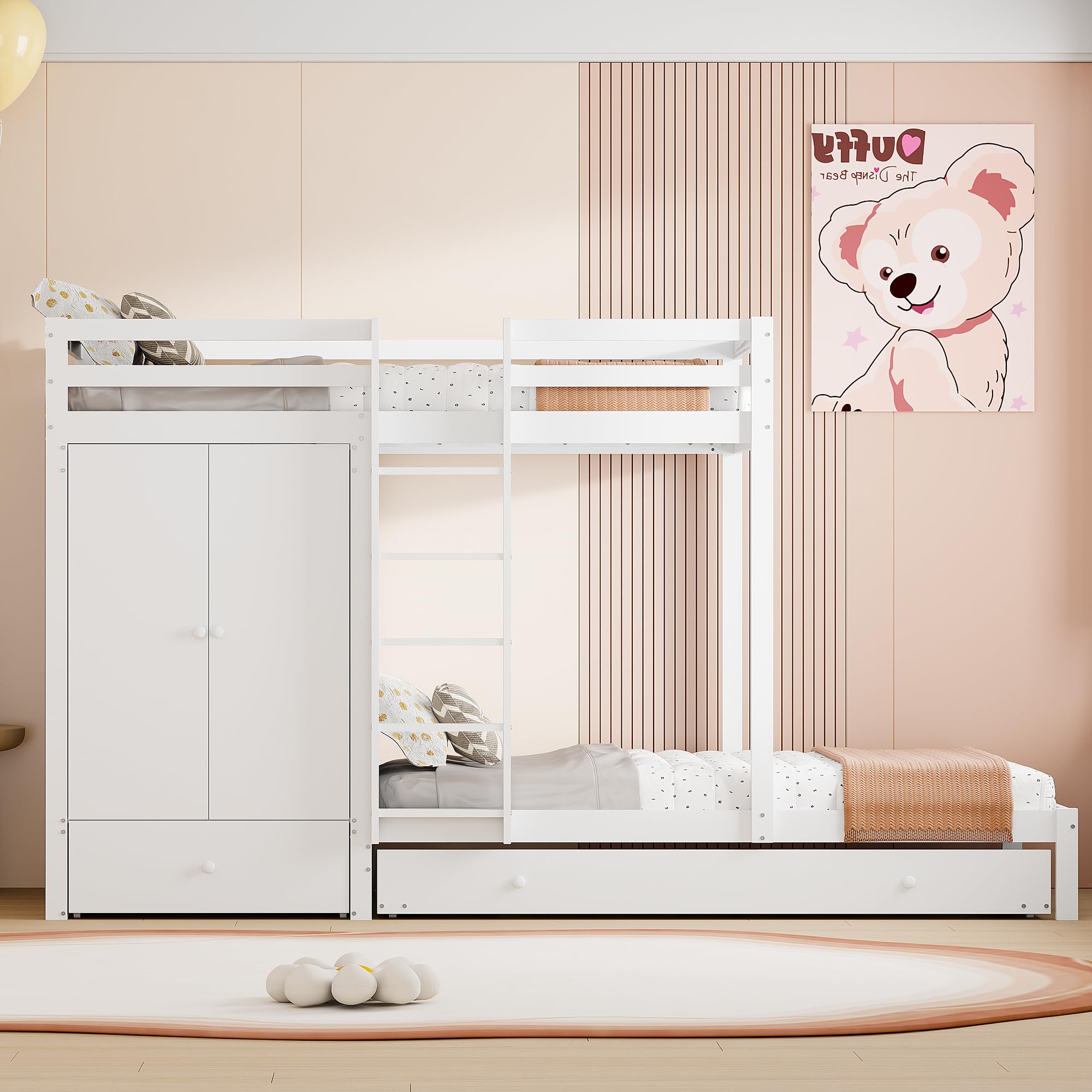 Letto a Castello 90x200 con Guardaroba Cassetti e Vano Aperto Letto Estraibile in Pino Compensato e MDF con Piano Aggiuntivo Lettino Singolo senza Materassi per Camera Bianco