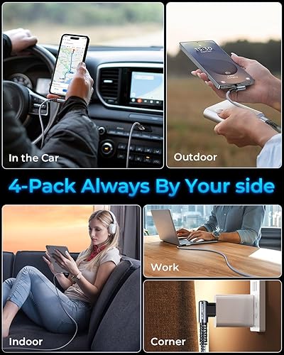 Miniatura 4 de Paquete de 4 cables USB C a USB C de 60 W 3.2 A, cable de carga rápida USBC a USBC chapado en oro cable de ángulo recto MRGLAS de nailon trenzado