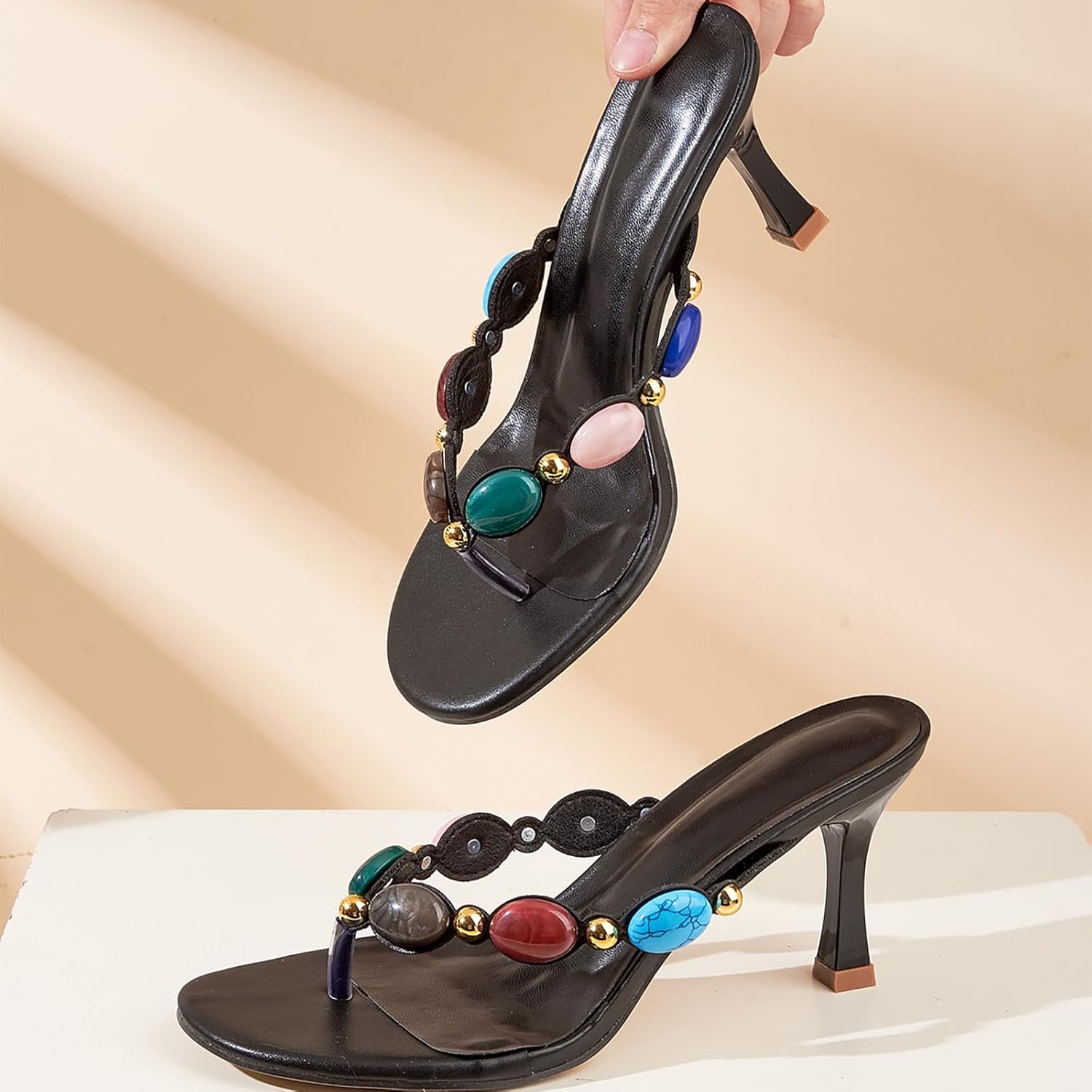 Women's Jeweled stiletto Flip Flops Sexy Slip on Comfortable heel Strappy Thong Sandals Summer Round open toe wedding party dress mules - Image 2