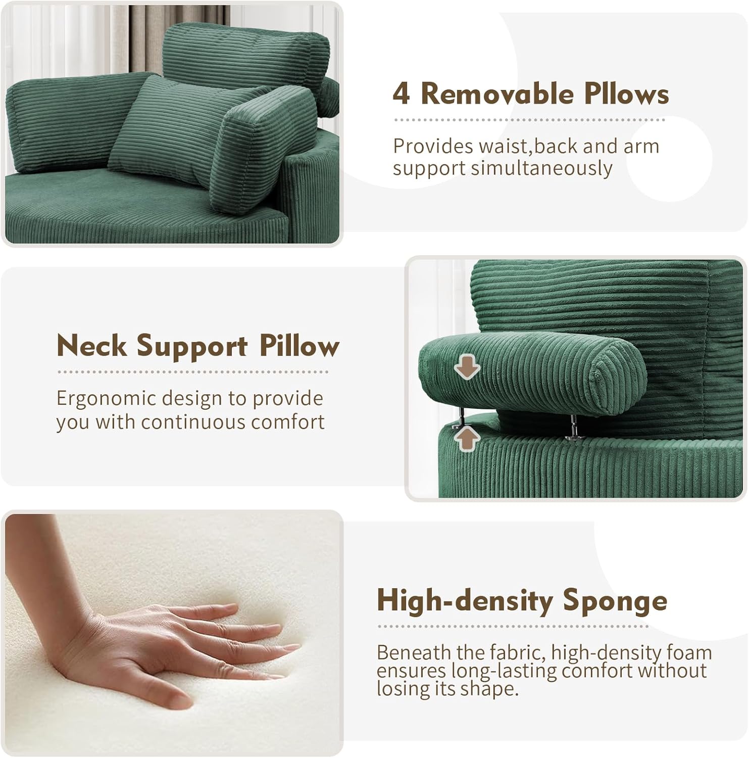 Oversized Swivel Chair with Ottoman, 41.3" Swivel Accent Chair, Barrel Chairs with USB Charging Port, Round Chaise Lounge Indoor with 4 Pillow, Reading Chairs for Living Room (Corduroy, Olive Green)