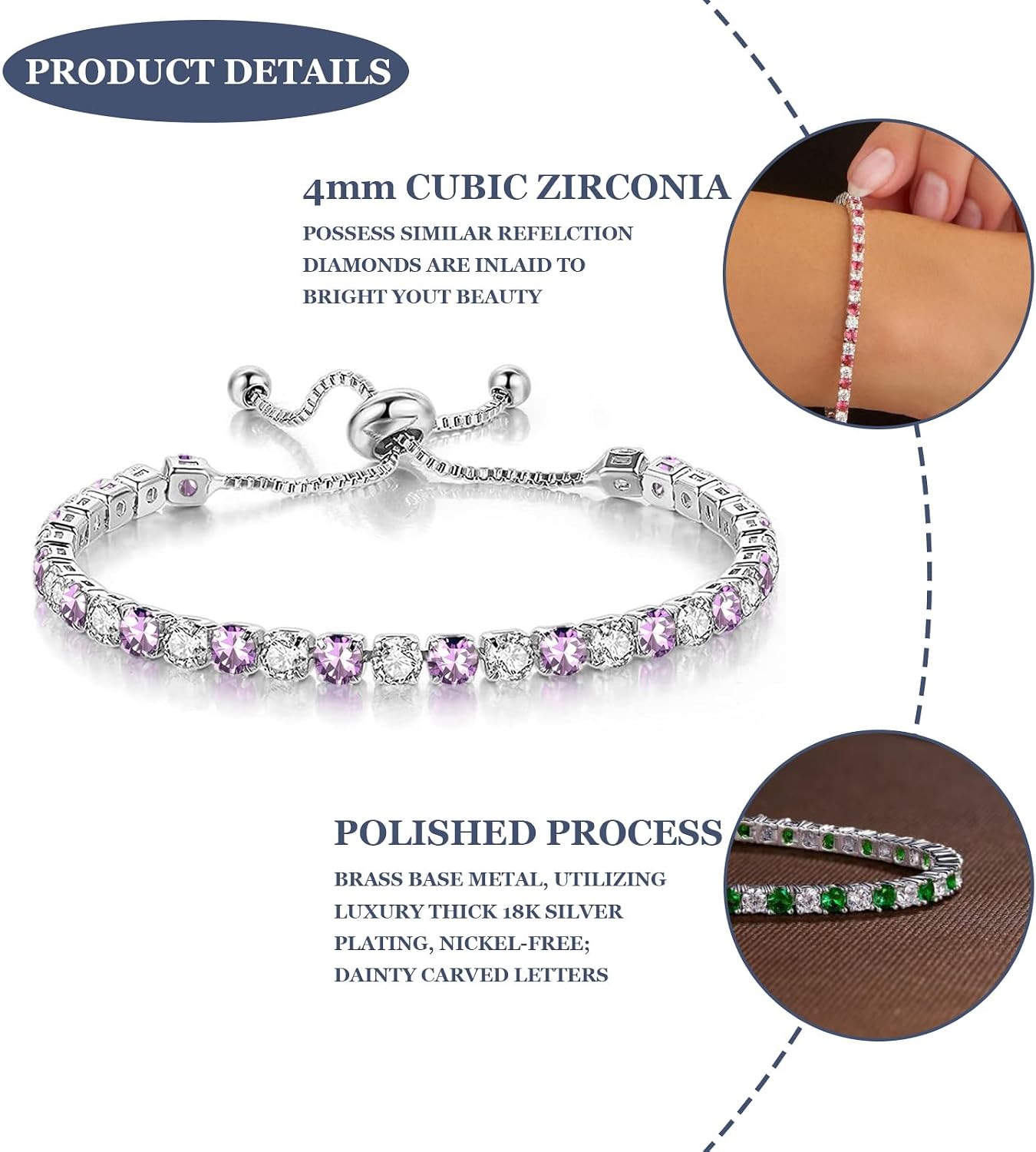 Sfoni Birthstone Bracelet for Women, Silver Tennis Bracelets with Cubic Zirconia Adjustable Slider Bracelet Birthday Mother's Day Graduation Gifts for Mom Wife Girlfriend