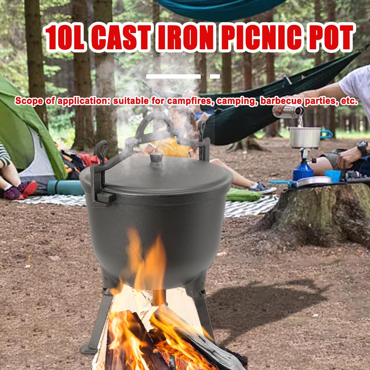 Chaudron à goulasch de 10 l - Chaudron en fonte - Chaudron de chasse - Avec pieds et couvercle - Casserole à goulasch - Pour la cuisine en plein air, le jardin, le camping, le barbecue