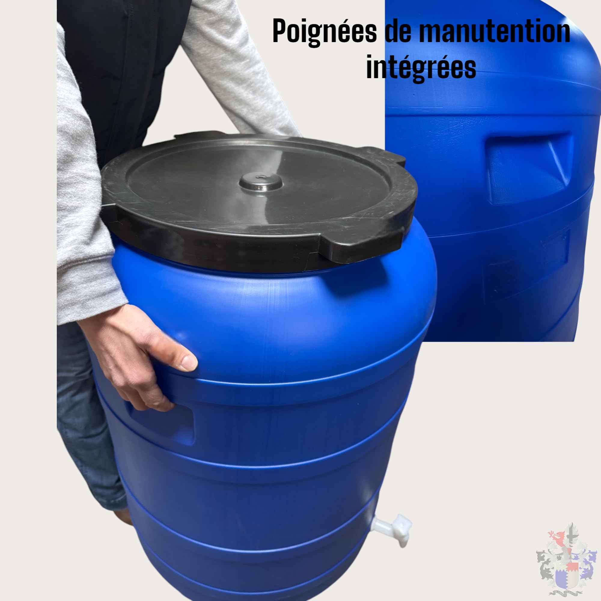 Jordan & Jordan — Fût Plastique 200L PEHD — Couvercle à Visser + Robinet — Grande Capacité Alimentaire — Eau, Huiles, Solide — Certifié sans BPA
