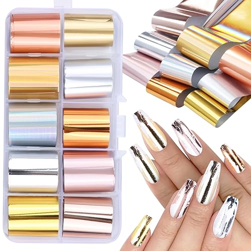 10 Sheets Holographic Nail Foil Transfer Stickers, Metallic Self-Adhesive Nail