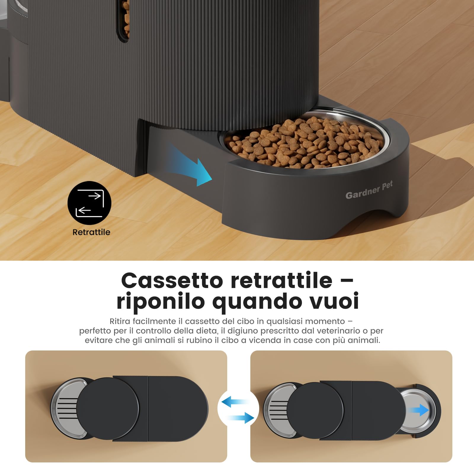 Gardner Pet Distributore 2 in 1 Cibo e Acqua Gatti 3L*2, Grigio Scuro Non Elettrico, Ciotola Estraibile a Cassetto in Acciaio Inox 304, Dispenser Crocchette a Gravità, Senza BPA | Non Elettrico, Ciotola Estraibile a Cassetto in Acciaio Inox 304, Dispenser