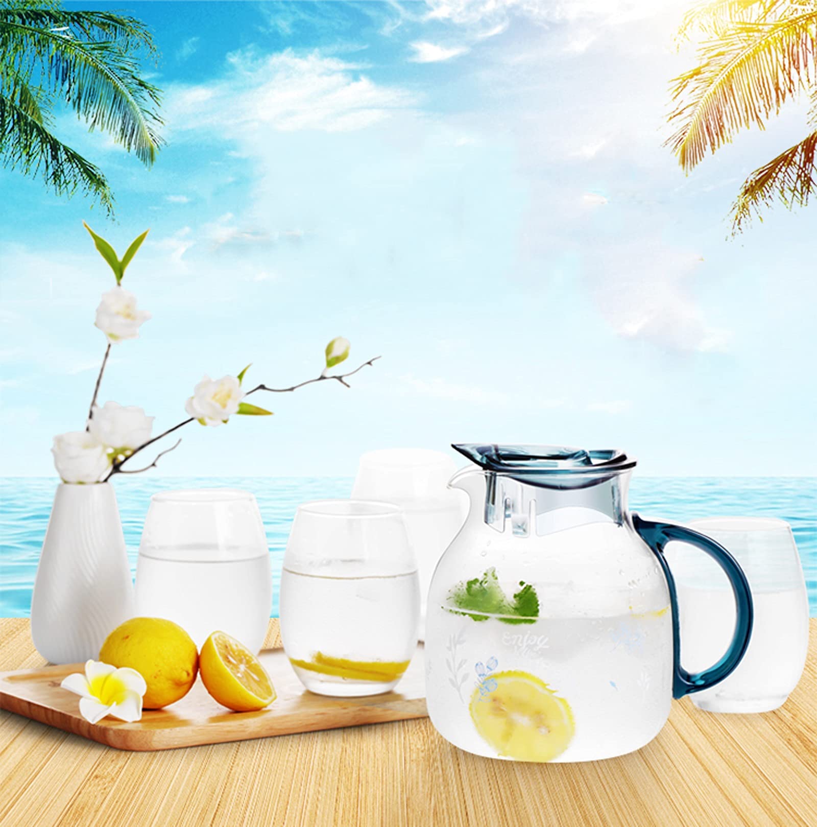 Jarras Agua Jarra de agua fría de vidrio con mango anti-escaldado Jarra de gran capacidad for el hogar Tetera resistente a la alta temperatura (50.7/67.6 oz) Jarra de Té Helado(Size:L)