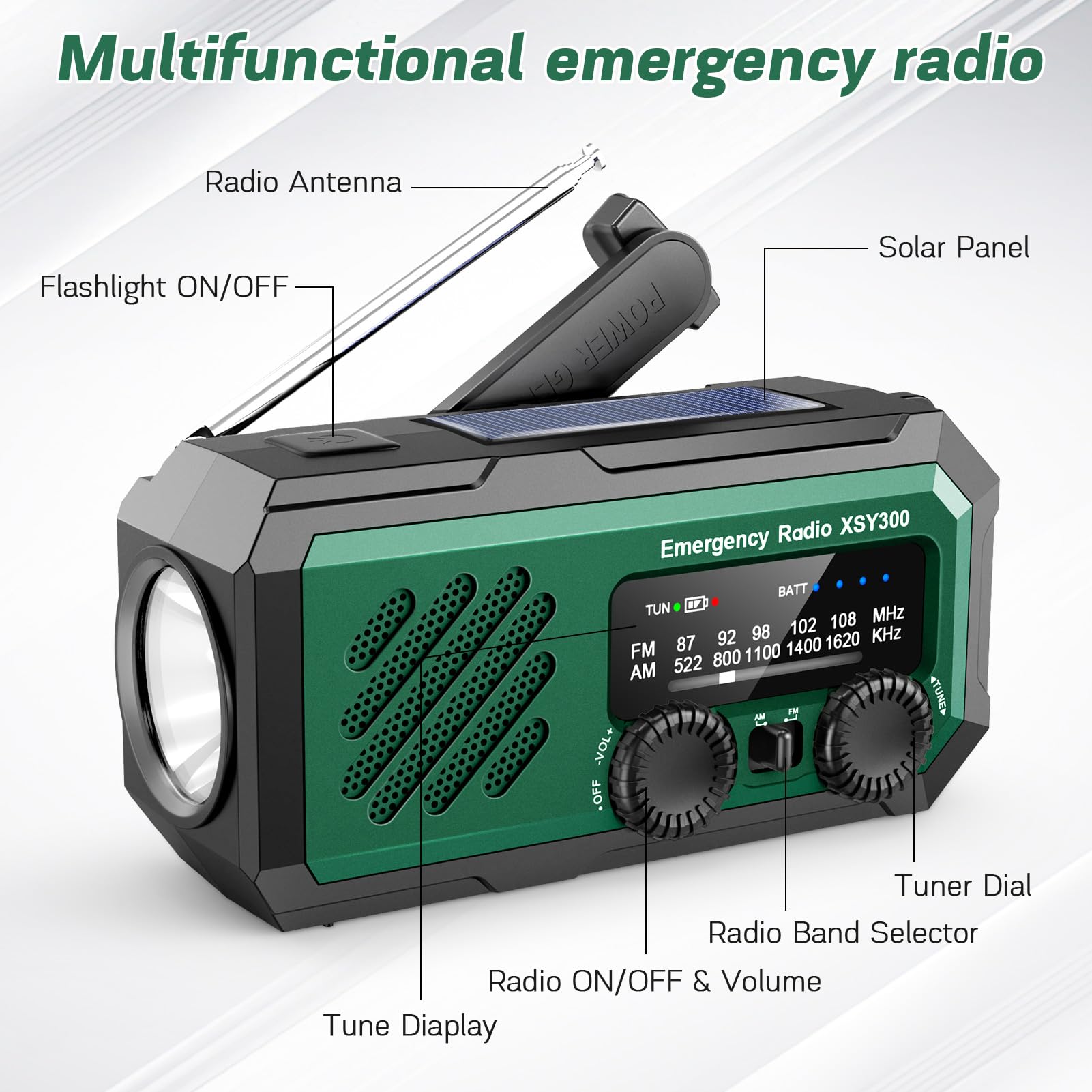 YIKANWEN Tragbares Notfall-Kurbelradio, 2000mAh Wiederaufladbare Batterie, AM/FM Radio mit LED-Taschenlampe für Drinnen und Camping im Freien, Dunkelgrün