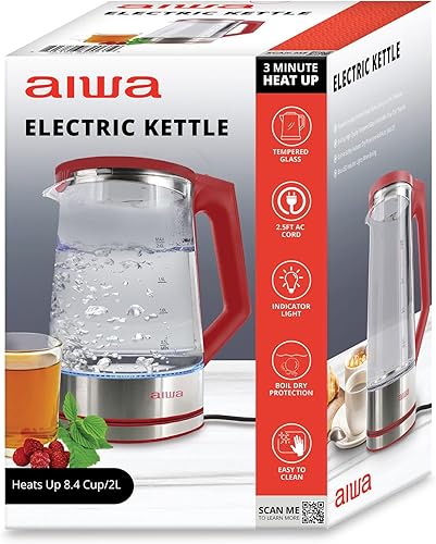 Miniatura 6 de Aiwa Hervidor de agua eléctrico de 2 litros, caldera de agua caliente rápida de 8.4 tazas, tetera de té de vidrio, con interior LED azul, servicio