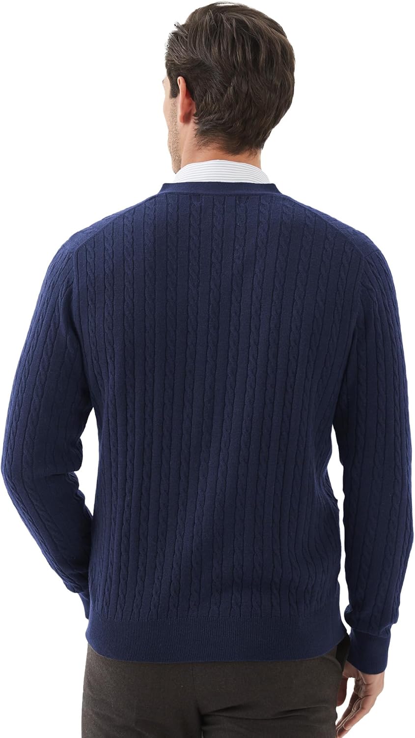 Kallspin Men's Cardigan Sweater Wool Blend Cable Knit V Neck Buttons Cardigan with Pockets - Image 3