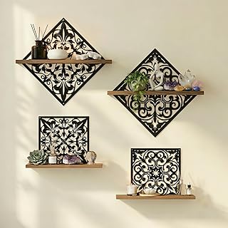 2PCS Metal Carved Window Wall Decor with Wooden Shelf, Black Floating Sh...