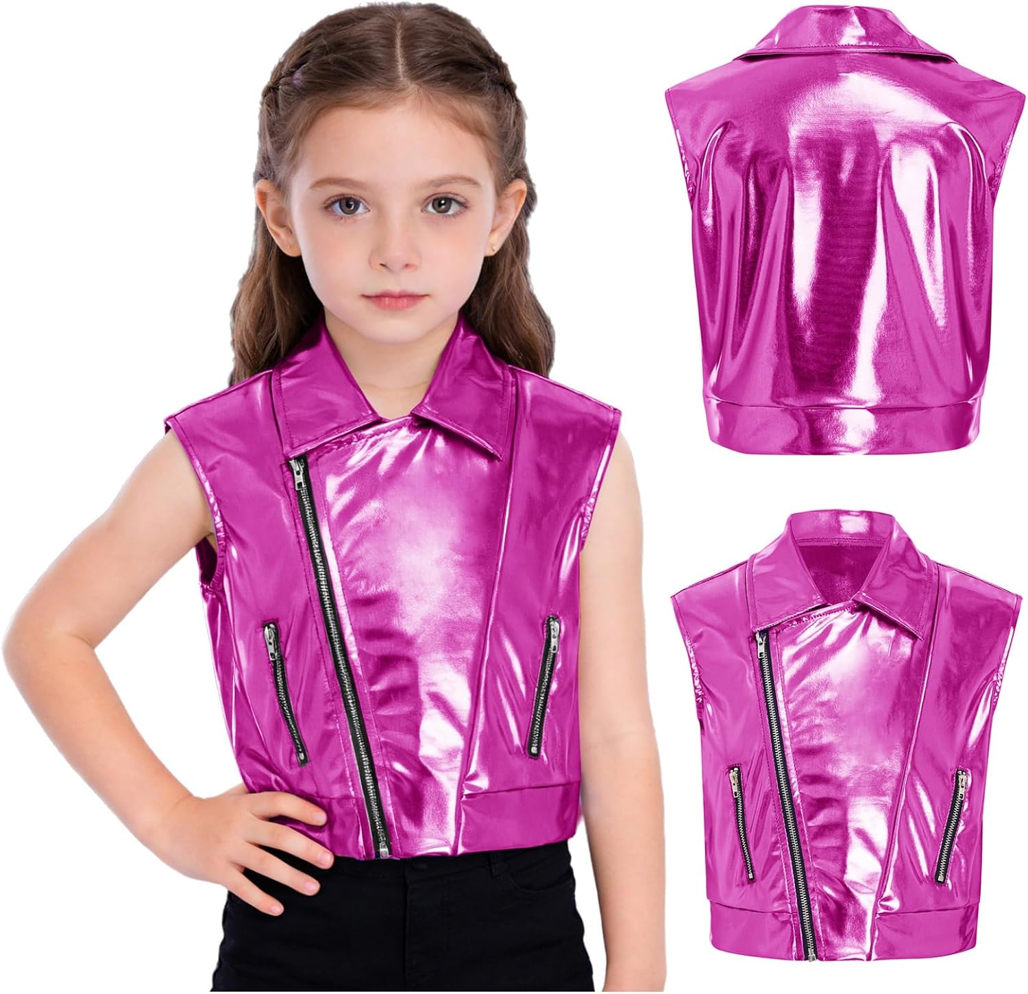 Big Girls Boys Shiny Cropped Tops Hip-Hop Jazz Dance Party Sequins Waistcoat Zip Up Metallic Vest Outfits