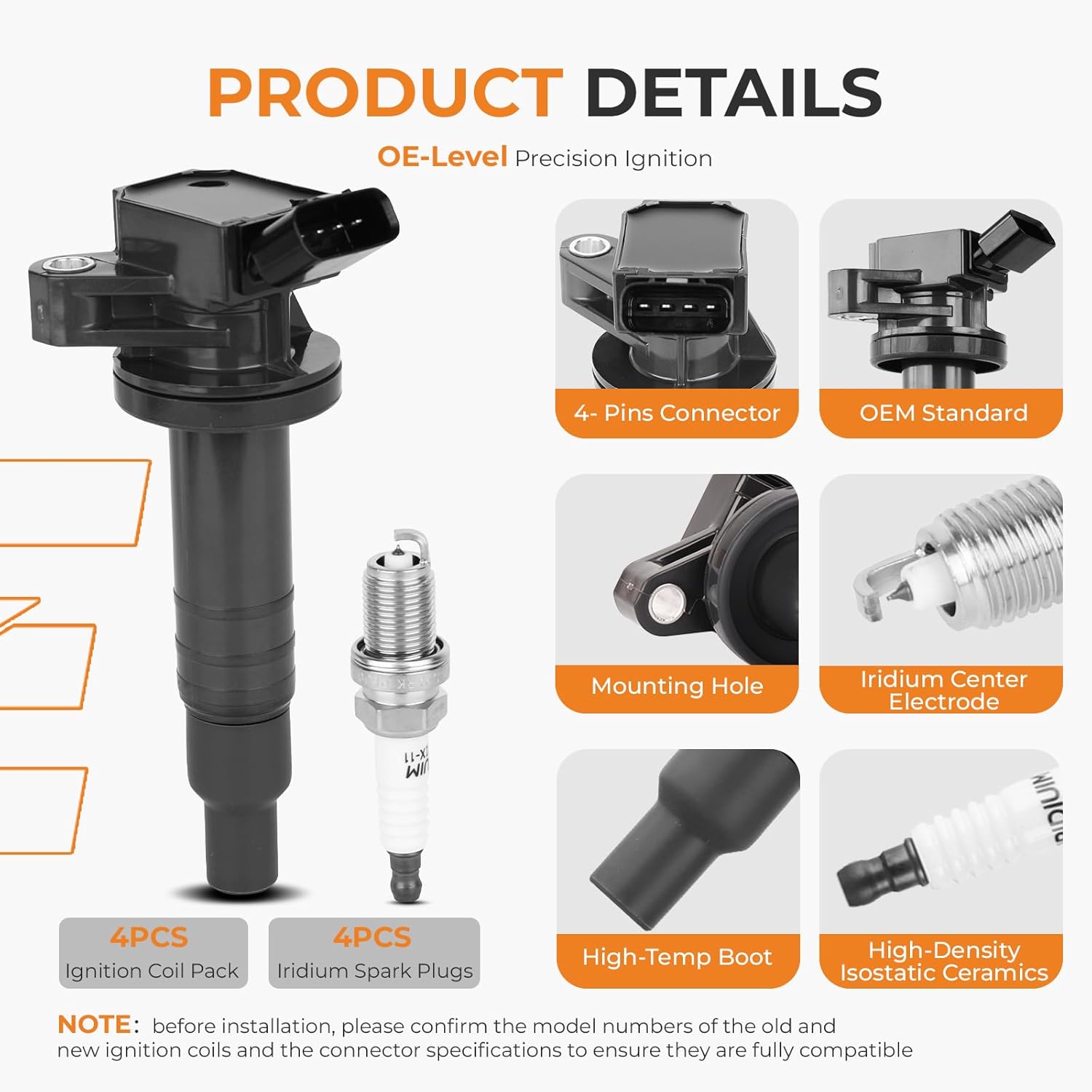Autoexact Ignition Coil Pack and Iridium Spark Plugs Kit Fit for 1.8L Toyota 2000-2008 Corolla 2003-2008 Matrix Celica MR2 Spyder Pontiac 2003-2010 Vibe Chevy Prizm L4, # UF247 96457 Set of 4