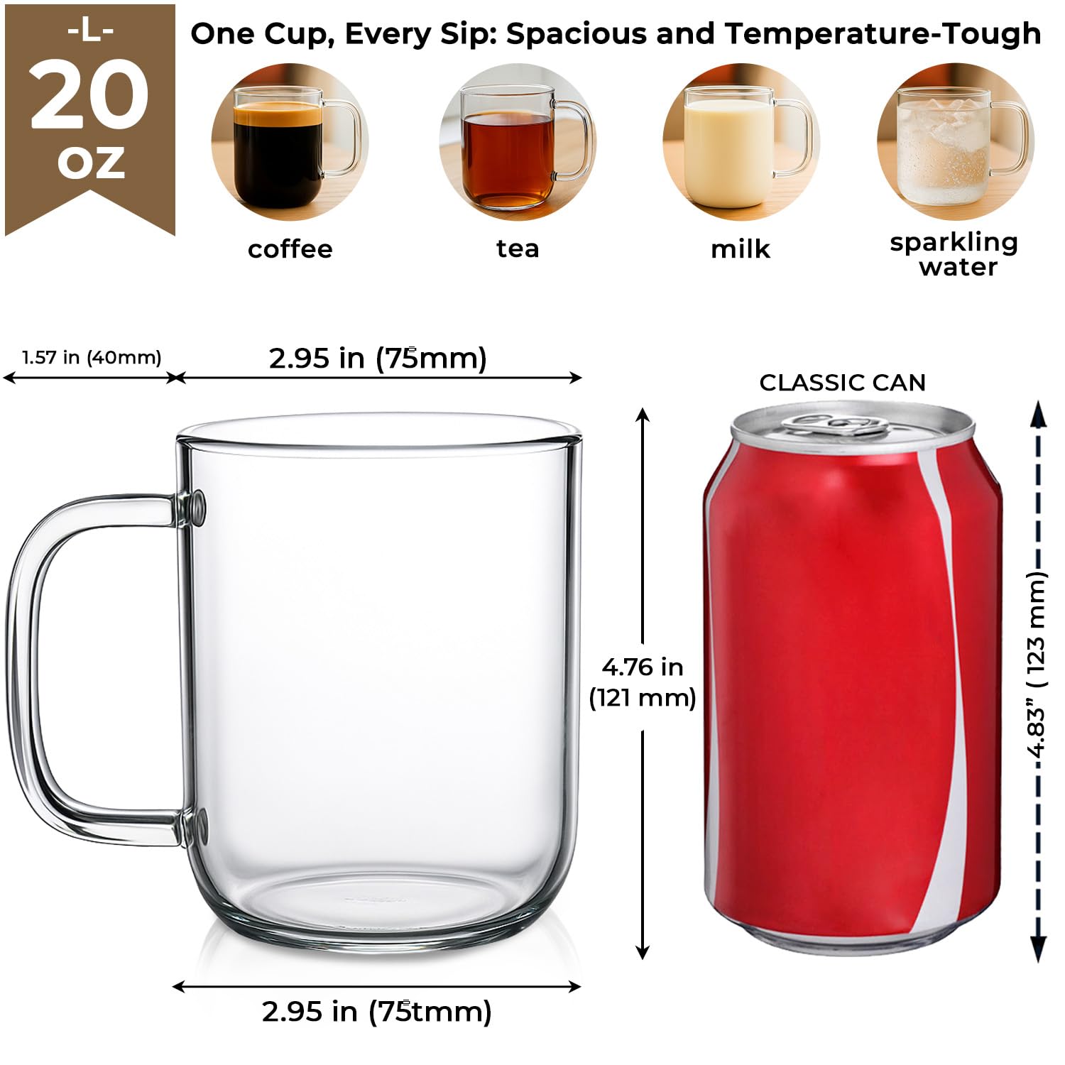 Amazon.com: Aquach Glass Mugs 20 oz Set of 2, Extra Large Clear Glass Cup  with Handle for Hot/Cold Coffee Tea Beverage, Drinking Glasses : Home &  Kitchen