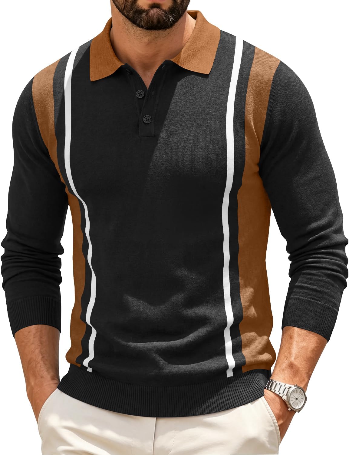 Hardaddy Mens Knit Polo Sweater Color Block Long Sleeve Pullover Shirts