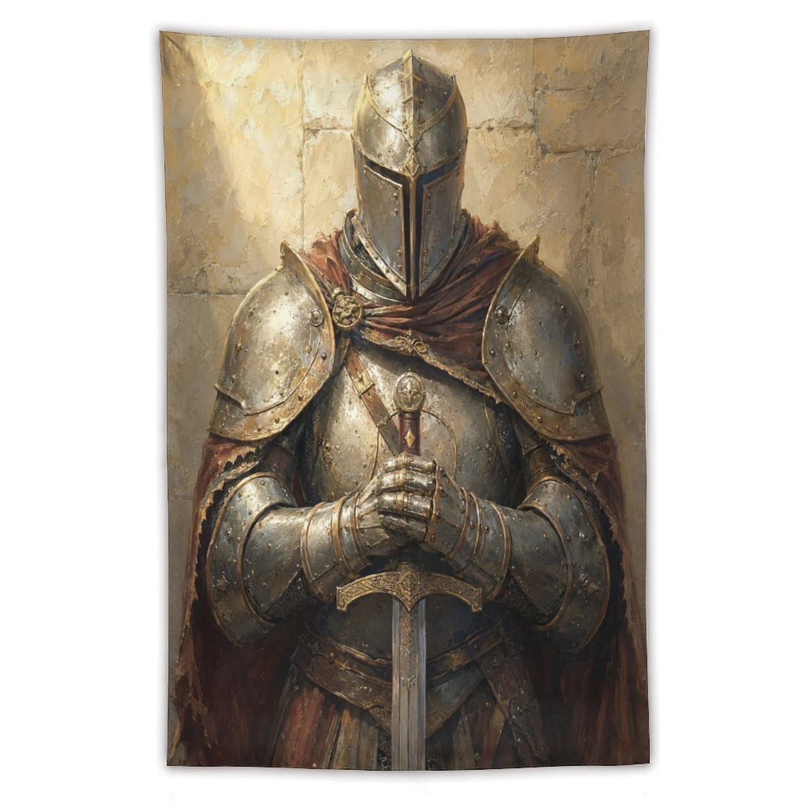 W7C8U2X3 Medieval Knight Prayer Wall Tapestry, Medieval Illustration Style