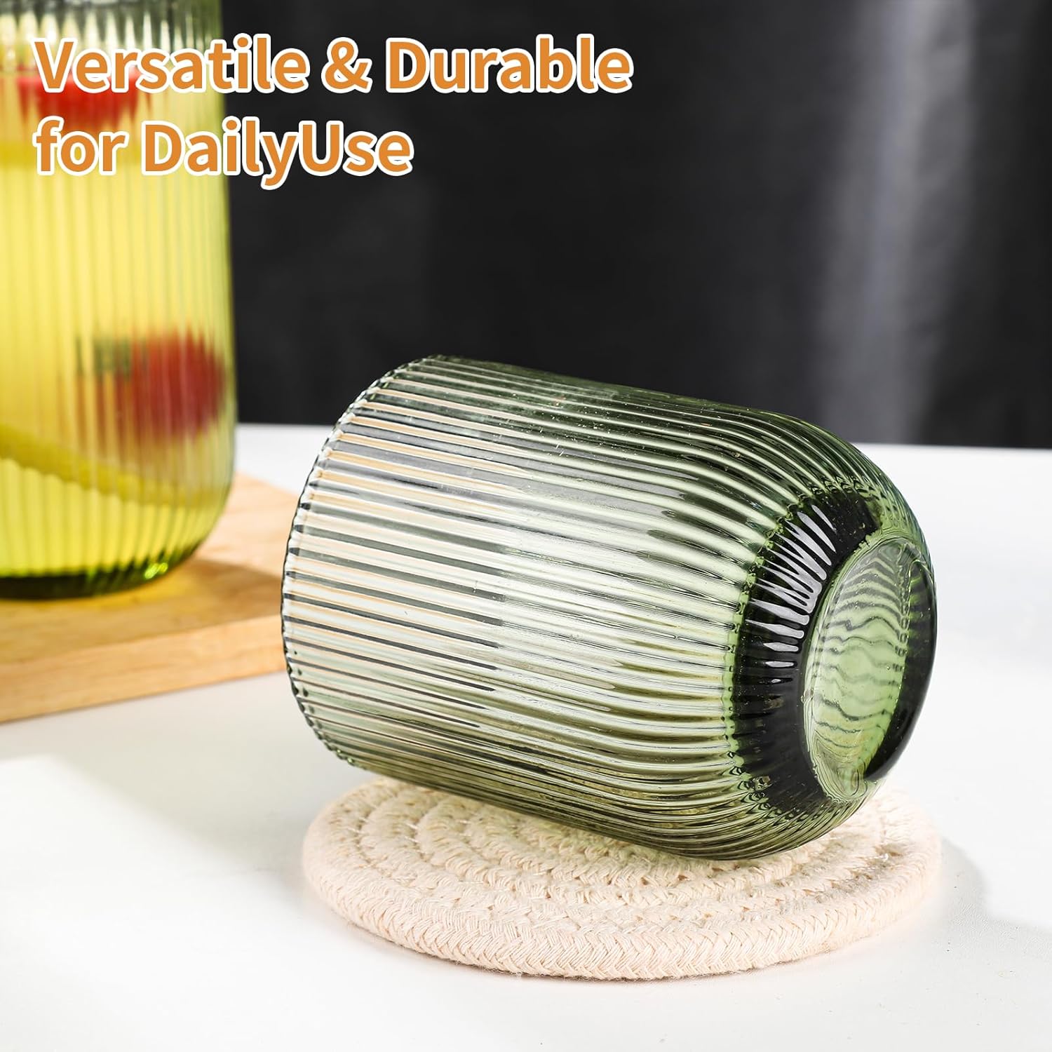 Set of 16 vintage Glassware,8 Highball Glasses 14oz & 8 Rocks Drinking Glasses 9oz, Green, fluted ribbed & leaning ribbed