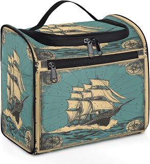 DJYQBFA Retro Sailboat Campas Travel Toiletry Bag for Women Men, Large Cosmetic Makeup Bag Hanging Organizer Bag Bathroom Drop Kit