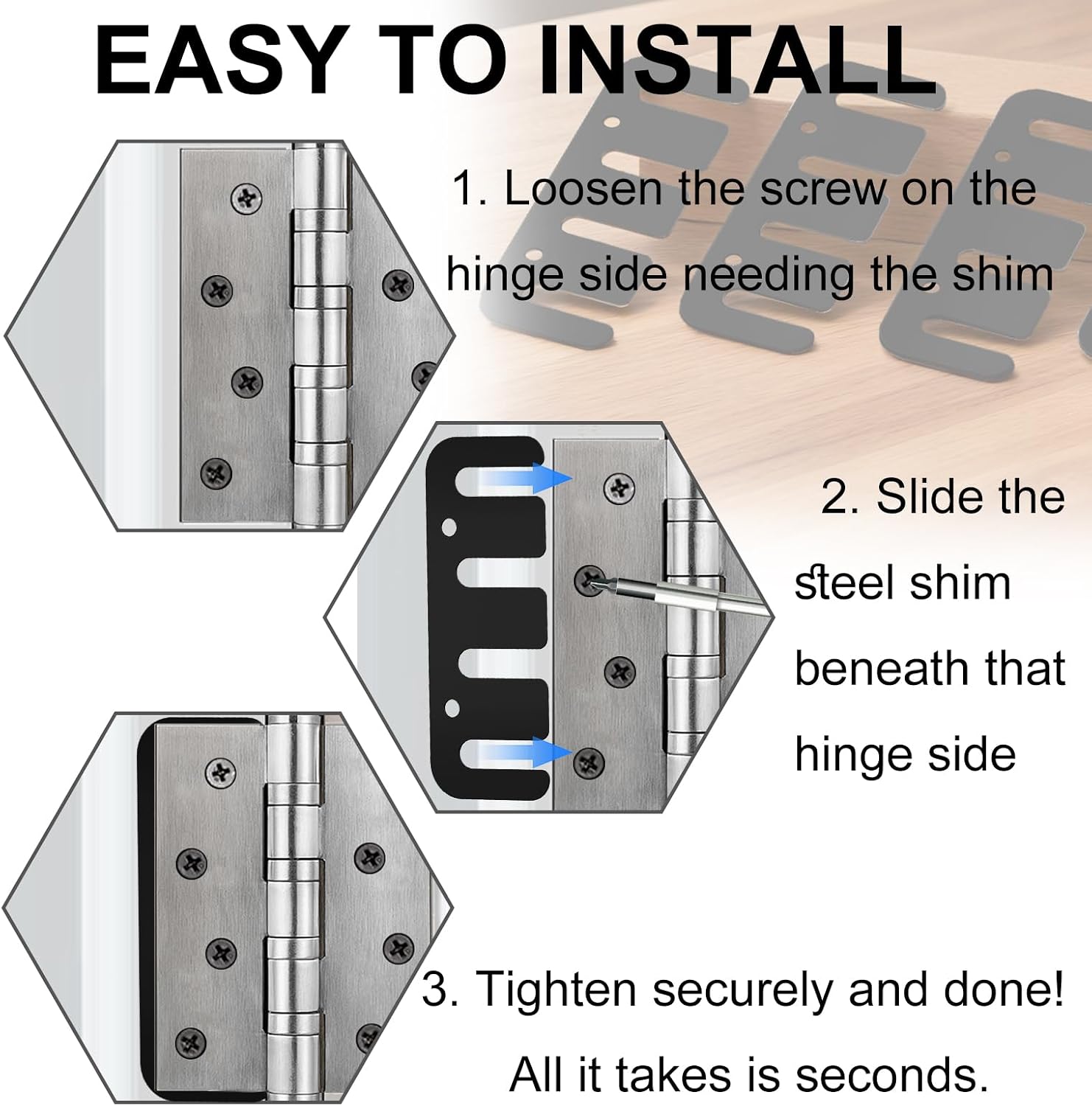 Door Hinge Shims Stainless Steel Level Gaps, Fix Sagging Doors, Black 4" | 15-pack rustproof stainless steel shims, rounded edges, level door gaps & fix sagging doors without hinge replacement