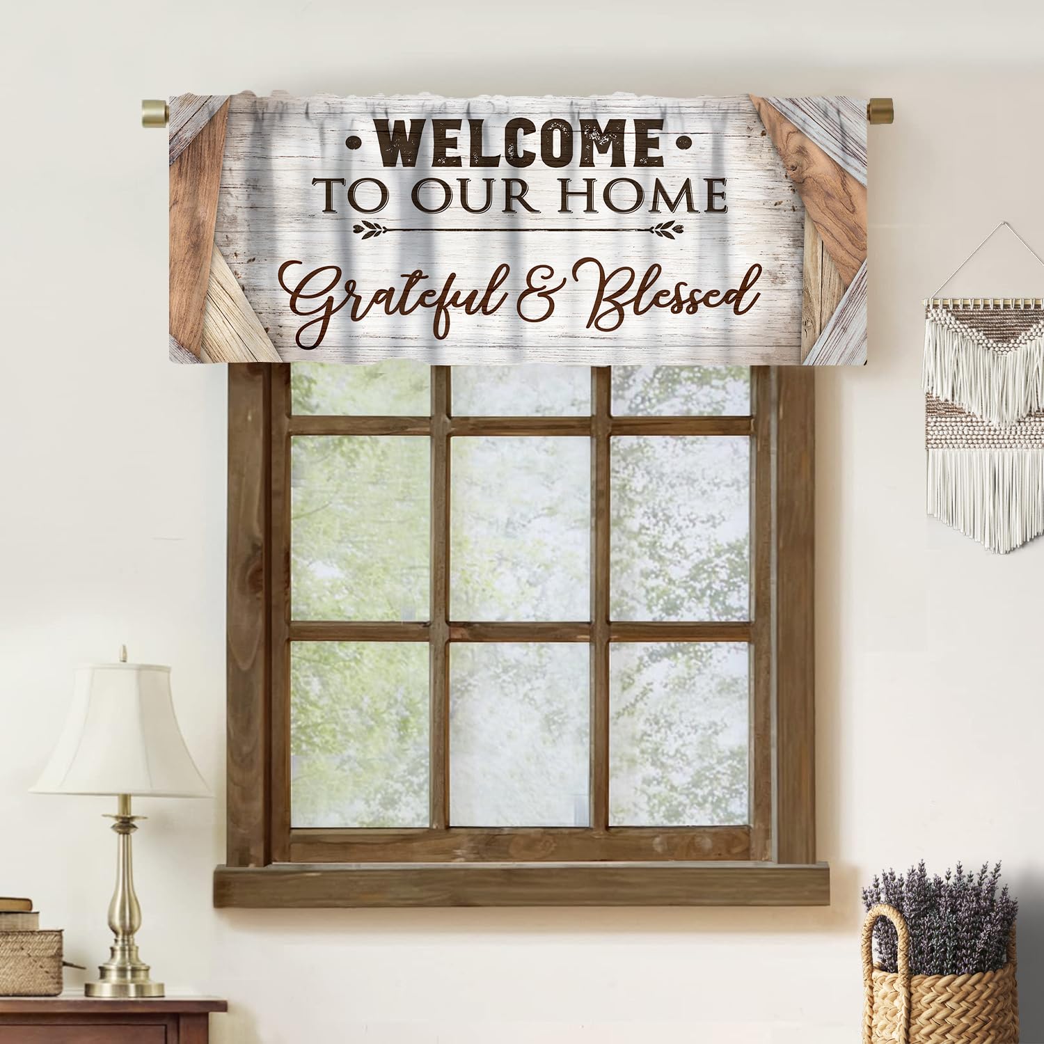Vintage Farmhouse Valance Curtain, Beige White Rustic Barn Wooden Plank Patchwork Welcome Home Letter Pattern Kitchen Valance Short Window Treatments Drapes for Bathroom Bedroom 18x54in x1 Panels