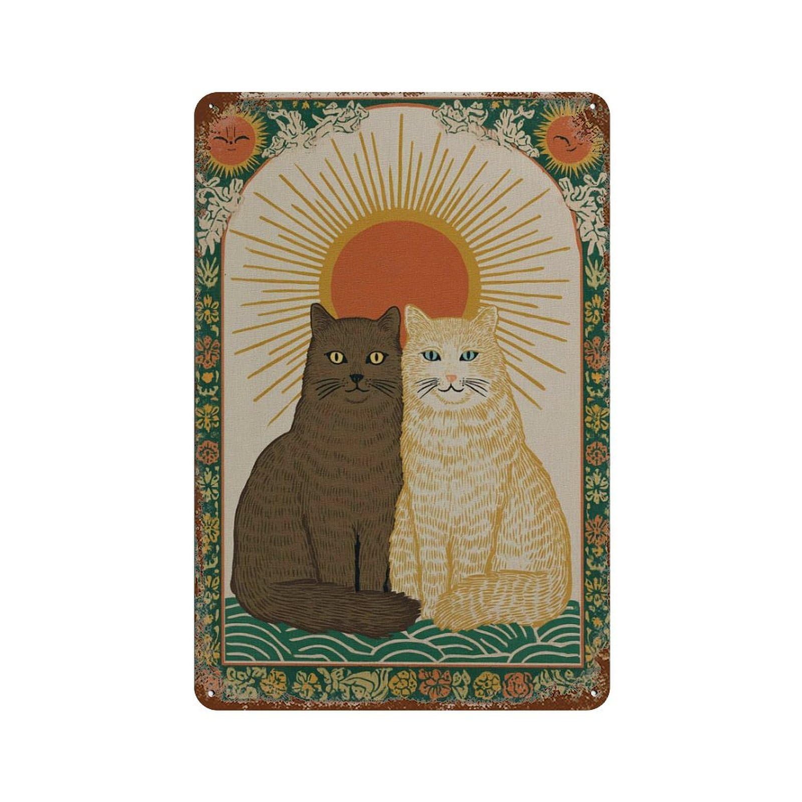 xiaoxiaoshen Cat – Inspired Feline Work Sun And Moon Cats Mystical Boho Celestial Wall Decor Art Metal Tin Poster Modern Home Decor Art Home Bar Shop Decorations Vintage Sign 30x20cm