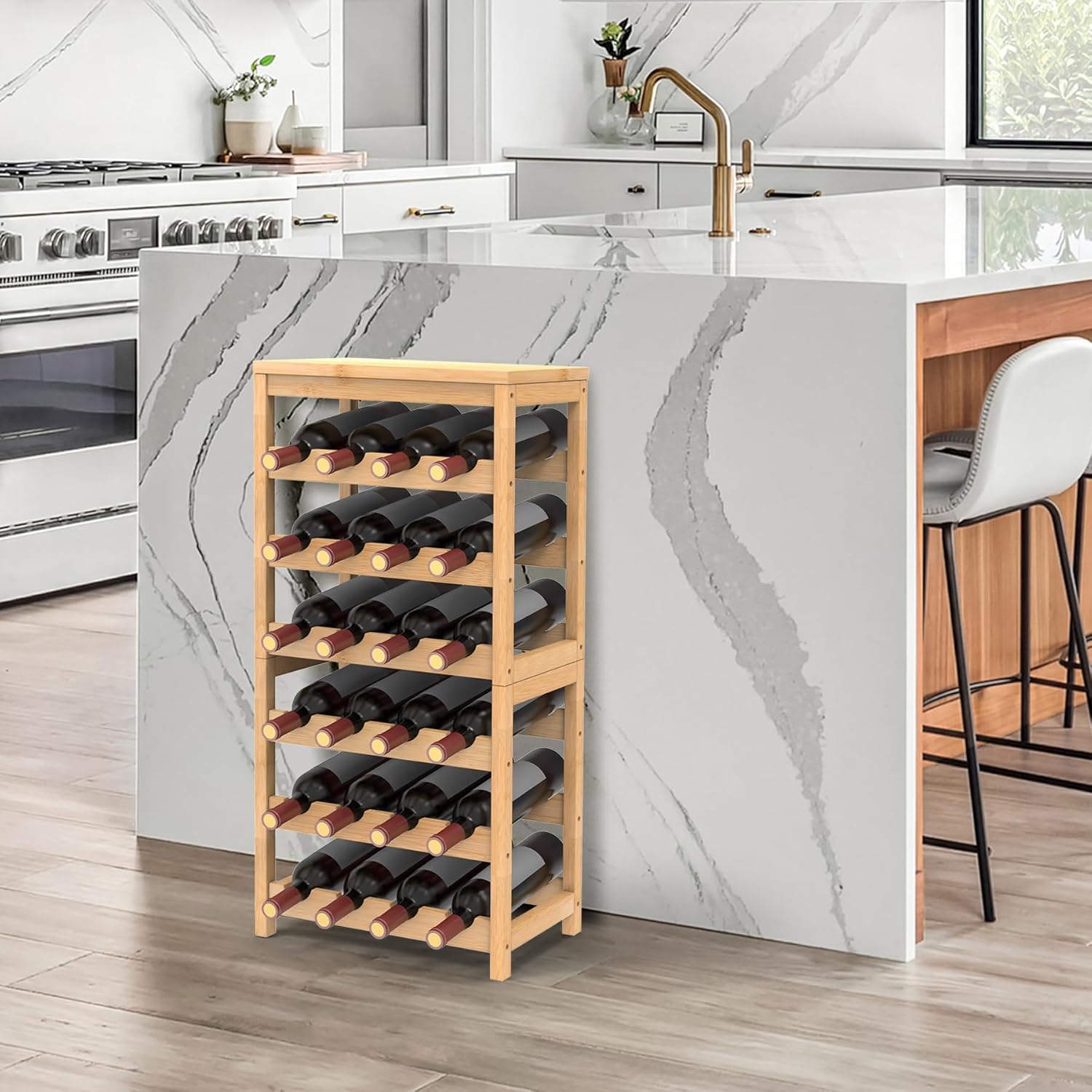 6 Tier Wine Rack Freestanding Floor, 24-Bottle Bamboo Wine Storage Shelf Display Rack with Table Top for Kitchen Bar Cellar