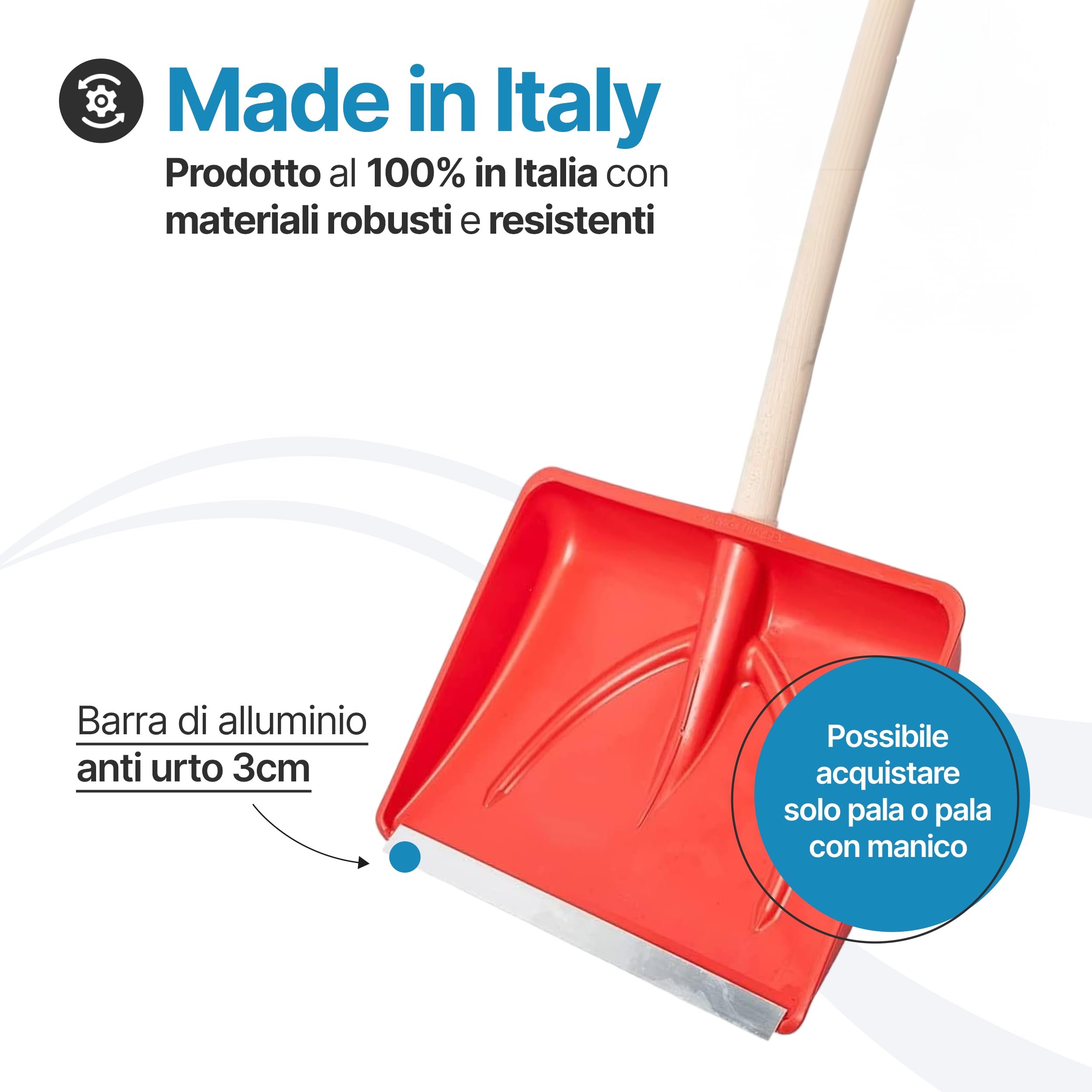 TOMAINO - Pala Da Neve Rossa Multifunzione 9x46x38 cm - Per Neve, Foglie e Altro In Plastica Con Profilo In Alluminio - Pala Singola o con Manico in Legno