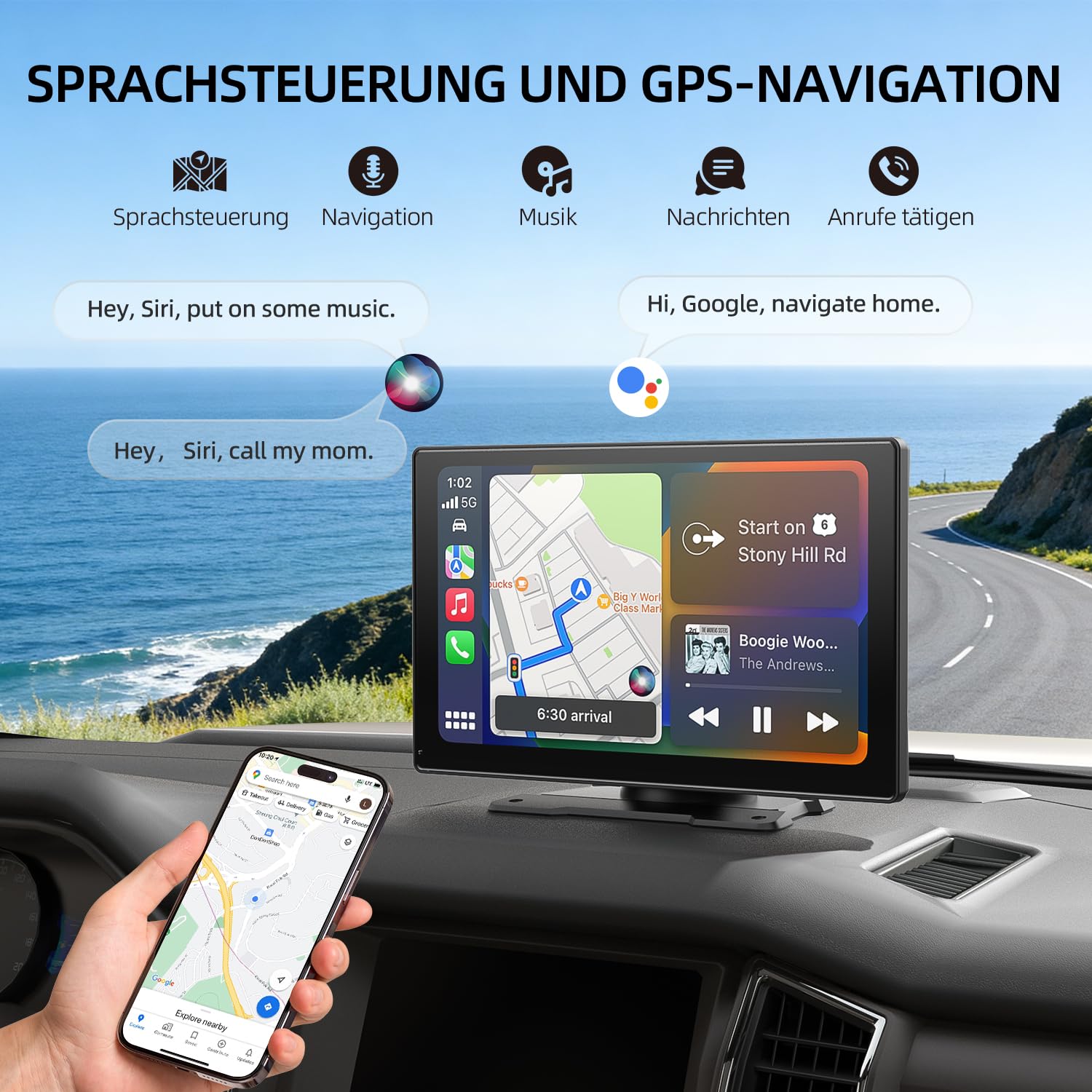 eRapta 9'' Carplay Display für Apple CarPlay & Android Auto, Wireless,4K Dashcam mit 1080P IP69 Rückfahrkamera,Bluetooth, Sprachsteuerung,Mirror Link,GPS-Navigation, FM/AUX