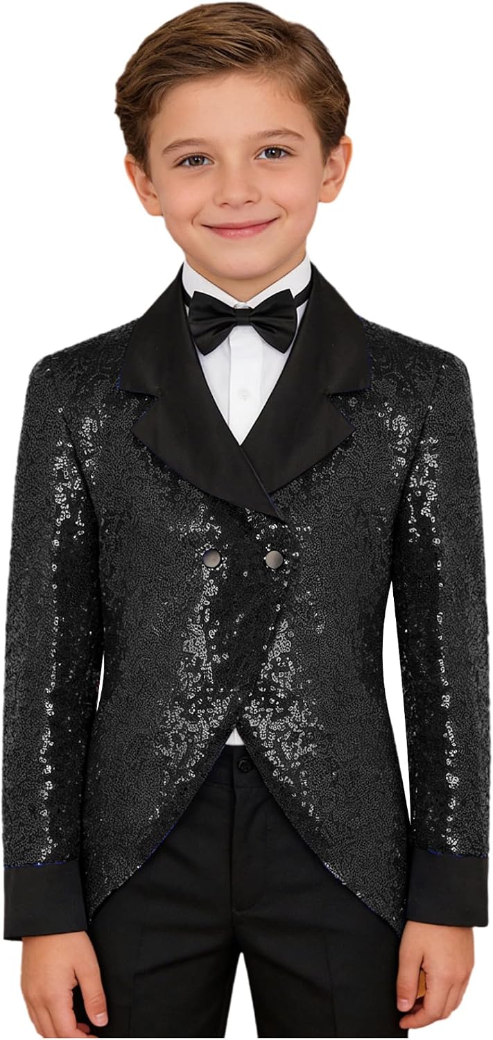 Sywiyi Boys Sequin Tailcoat Kids Tuxedo Boys Slim Fit Long Tailcoat and Bowtie for Prom Wedding Concert