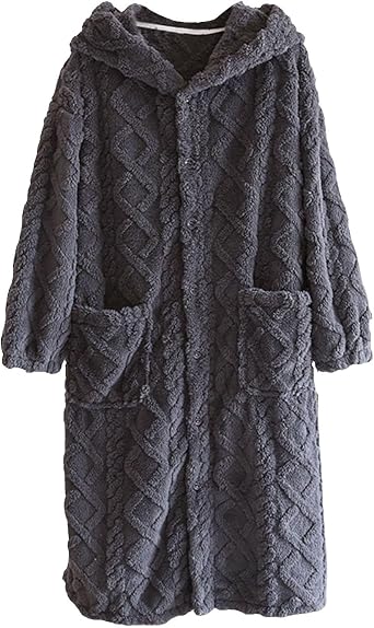 Mens Hooded Robe, Plush Soft Button Up Long Housecoat Cozy Warm Winter Bathrobe Loose Fit SPA Duster Robe with Pocket