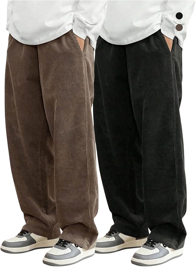 SOLY HUX Men's 2 Piece Corduroy Pants with Pockets | Drawstring Elastic Waist, Straight Leg Baggy Fit fashion product photo