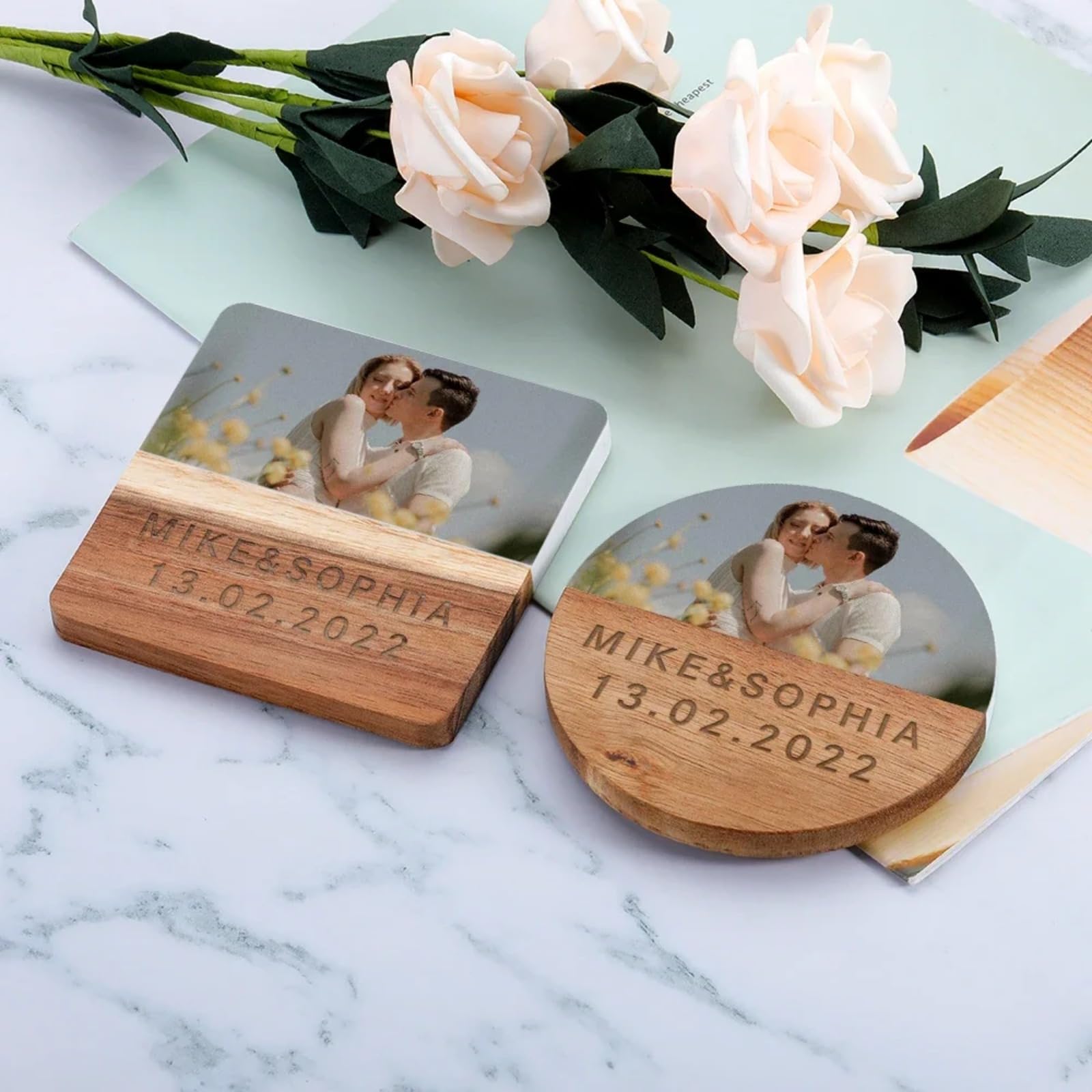 Posavasos de madera de mármol con foto personalizada, fecha y nombre, regalos para bodas, regalos de San Valentín, recuerdo de amor para tazas, té, café, bebidas, decoración de mesa (8 piezas)