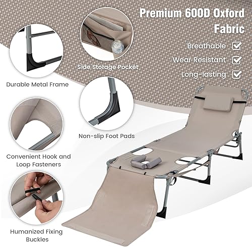 Miniatura 5 de Giantex Silla bronceadora, silla de playa de 330 libras con 5 posiciones ajustables, agujero para cara y brazo, correa para manoshombros, almohada