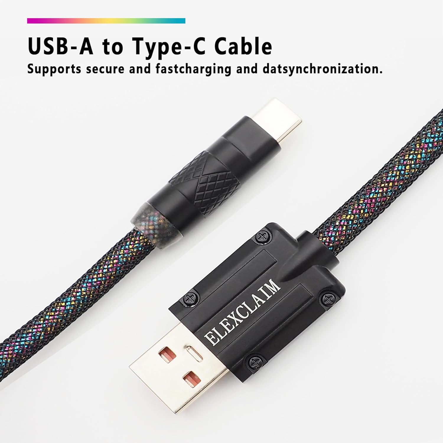 Coiled Keyboard Cable USB-C to USB-A 1.5M, Double-Sleeved Braided with Detachable 5-Pin Aviator Connector for Gaming Keyboards (Multicoloured Black)