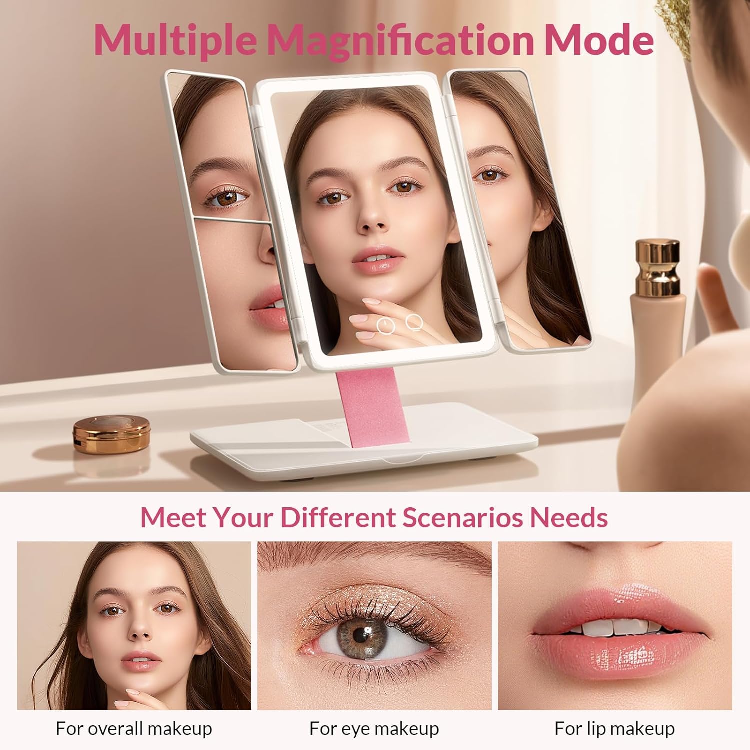 EASEHOLD Foldable Tri-Fold Lighted Makeup Vanity Mirror with 60 LED Lights, 1X/2X/3X Magnification, Touch Control Dimming, 3000mah Rechargeable, 360° Rotation, Portable Travel Folding Compact Mirror - Image 6