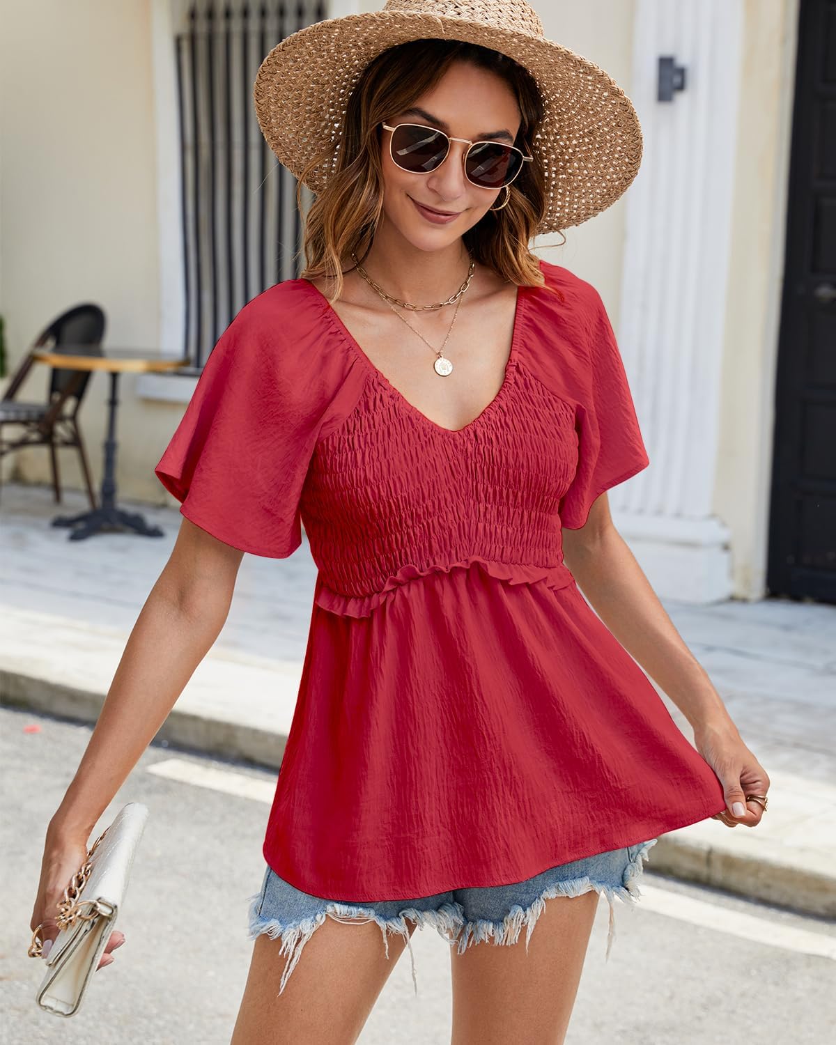 HEYTALALA Women's Summer Peplum Tops Ruffle Trim Short Sleeve Casual V Neck Smocked Blouses Dressy Shirt Red XXL - Image 4