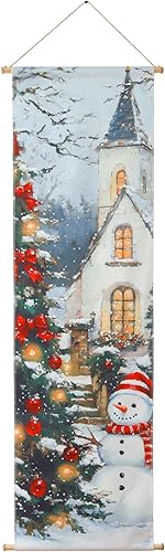 SOFFEE DESIGN Lienzo de Navidad LED de 16 x 47 pulgadas, arte para pared, iglesia con muñeco de nieve, 5 luces integradas, escena navideña, efecto