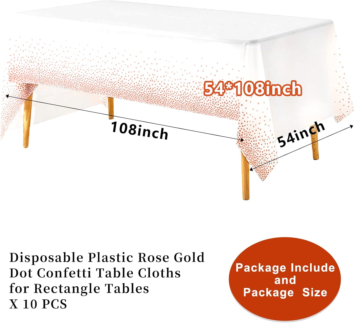 YMHPRIDE 10 Pack 54" x 108" Disposable Tablecloths Plastic Table Cover for Rectangular Tables Rose Gold Dot Confetti Table Cloths for Parties, Graduation,BBQ,Birthday,Fine Dining,Wedding,Baby Shower