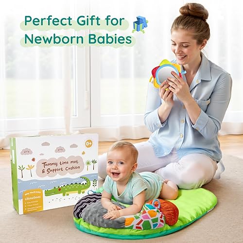 Miniatura 7 de Lilian&Gema Alfombrilla 2 en 1 para el tiempo boca abajo y almohada de apoyo para recién nacidos y bebés, adorable diseño de cocodrilo con almohada