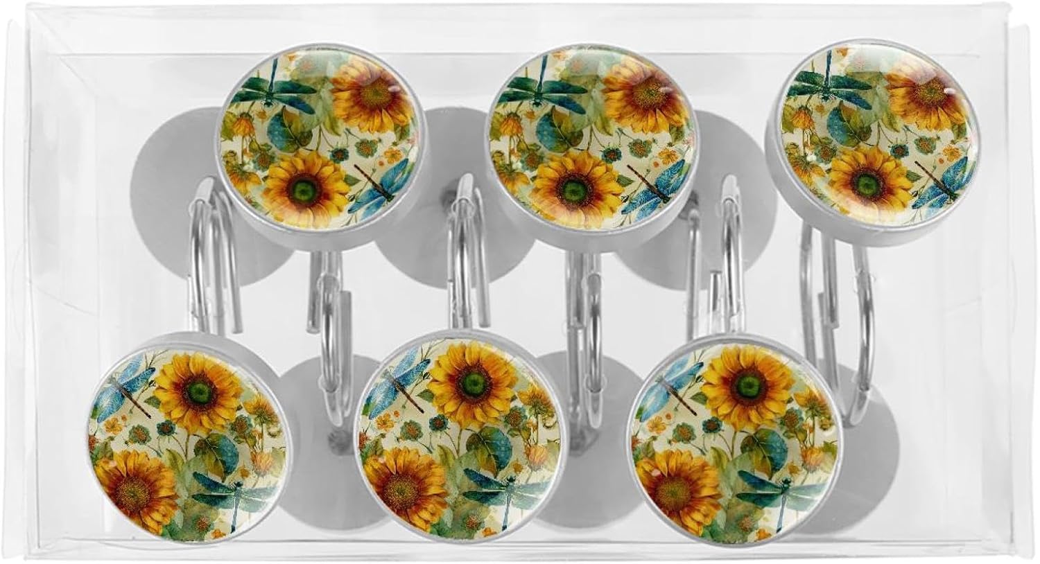 Sunflower Dragonfly Decorative Shower Curtain Hooks Rings,Set of 12pcs Shower Curtain Hooks,Rustproof Decorative Shower Rings for Bathroom