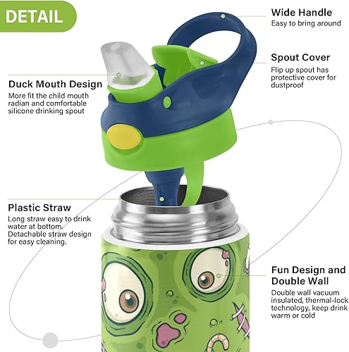 Miniatura 4 de Kigai Zombie Eyes - Botella de agua para niños, botellas térmicas de metal reutilizables de acero inoxidable, tapa con popote a prueba de fugas, sin