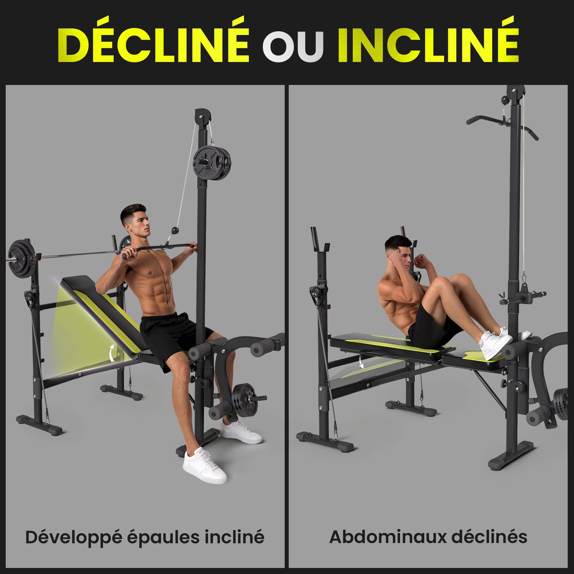 HOMCOM Banc de musculation Fitness entrainement complet dossier réglable cordes traction curler supports barre et haltères noir et jaune