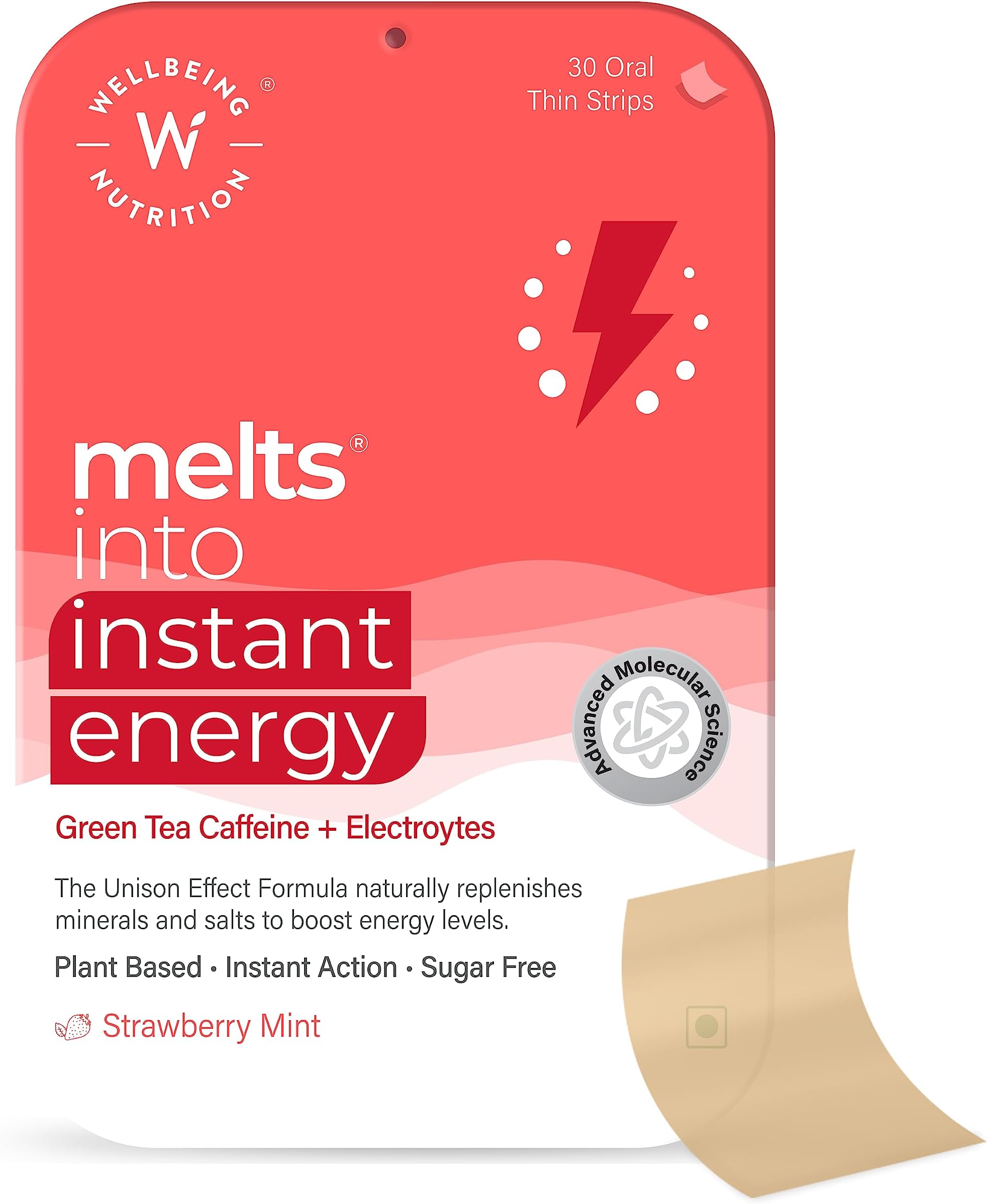 Wellbeing Nutrition Melts Instant Energy, Green Tea Extract, Essential Electrolytes and Vitamins for Endurance, Sports Hydration, Pre Workout - 30 Oral Strips
