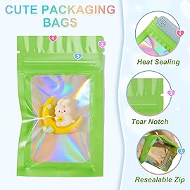 100 Pack Holographic Bags,Smell Proof Packaging Bags, Clear Window Resealable Odor Foil Pouch Mylar Bags for Food Storage and Lipgloss, Jewelry Lash(Green, 2.4 x 3.9 Inch)