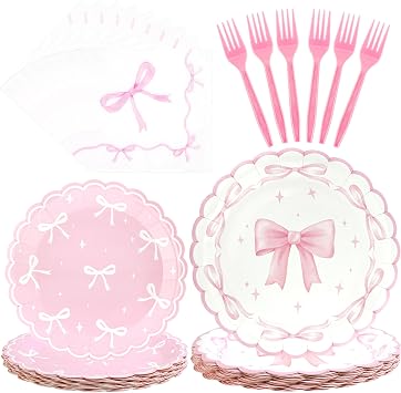 CANREVEL 96 PCS Bow Party Plates Serve 24, Bow Plates and Napkins Forks Set, Disposable Tableware for Birthday Supplies Party Decorations for Grils Kids Women