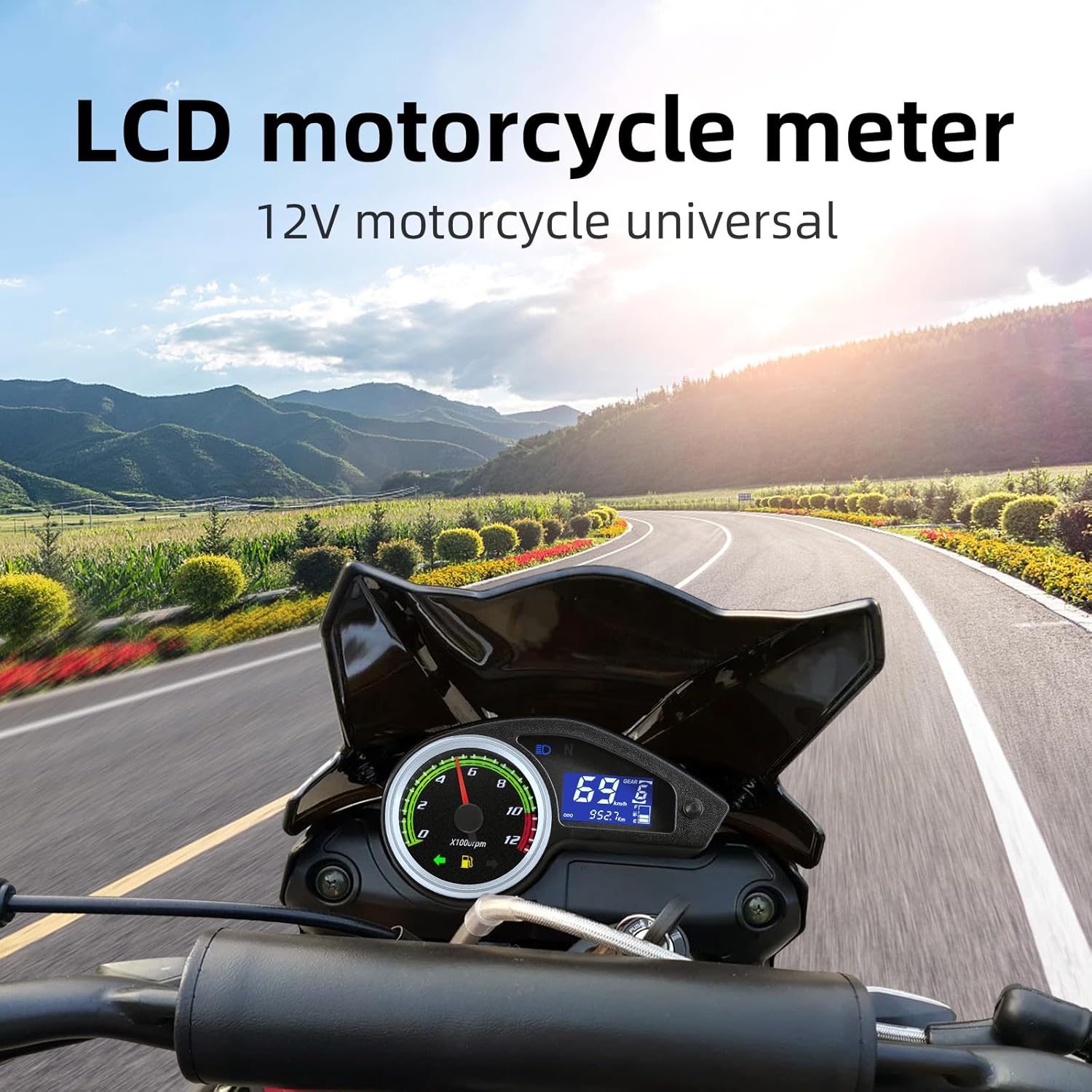 Motorcycle Speedometer Gauge Digital Speedometer for Motorcycle LCD Gauge Cluster MPH Dashboard Speedo Meter with Tach, Odo, Oil Level, Gear