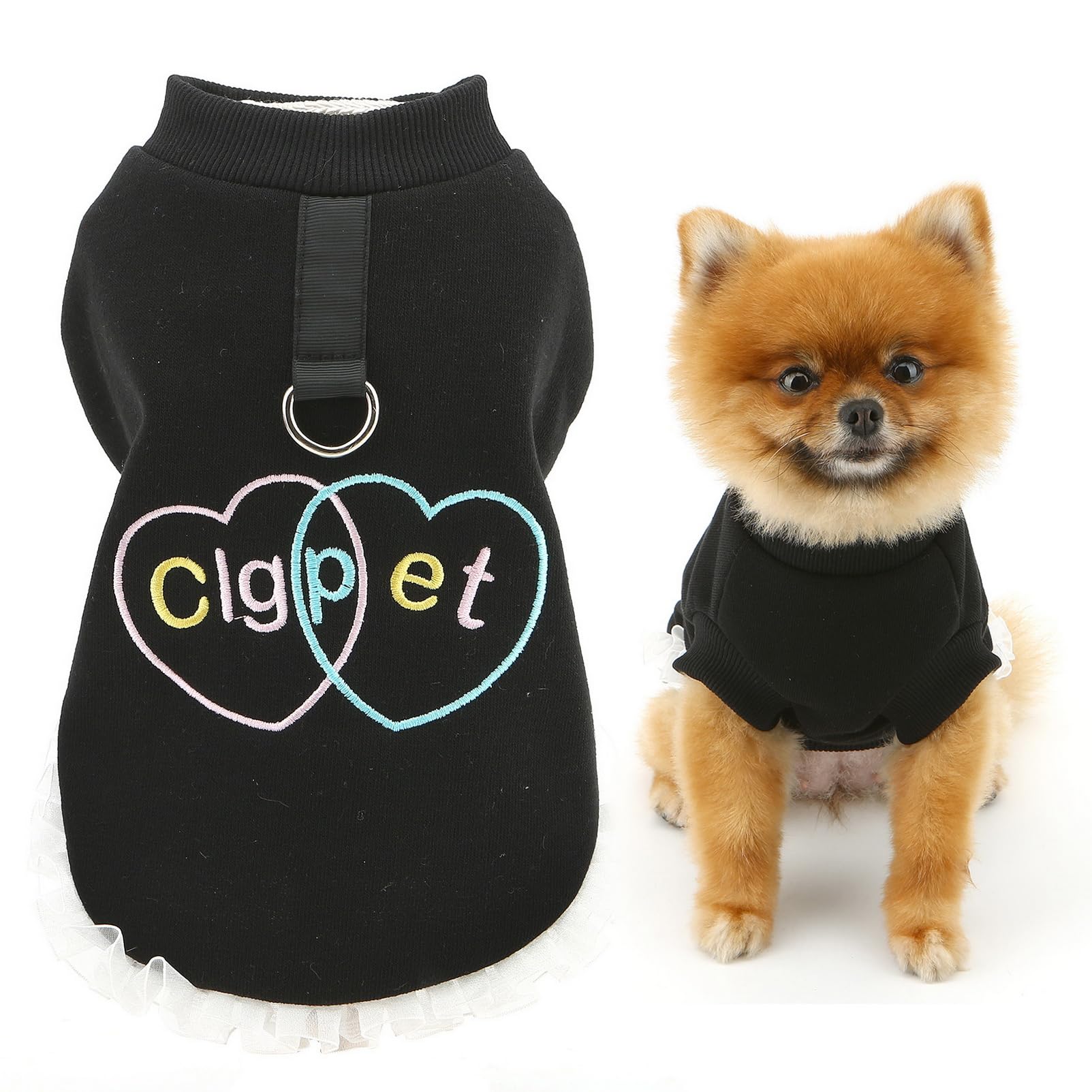 SMALLLEE_LUCKY_STORE Fleece Dog Sweater for Small Dog Pet Sweatshirt with D-ring and Embroidery Heart Letter Puppy Pullover Warm Winter Fall Chihuahua Yorkie Outdoor Clothes, Black, XS