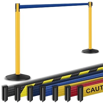 Outdoor Commercial-Grade Stanchion 2-Pack by Visiontron- RETRACTA-Belt Prime HD PHD101YA 10 Retractable Belt Barrier-Cast Iron Base Crowd Control Barrier Yellow Aluminum Post w/Blue Belt