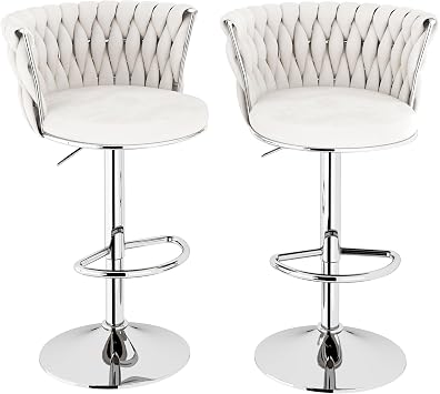 Lamerge Velvet Bar Stools Set of 2, Modern Swivel Bar Chairs with Adjustable Height, Upholstered Kitchen Island Chairs, Beige