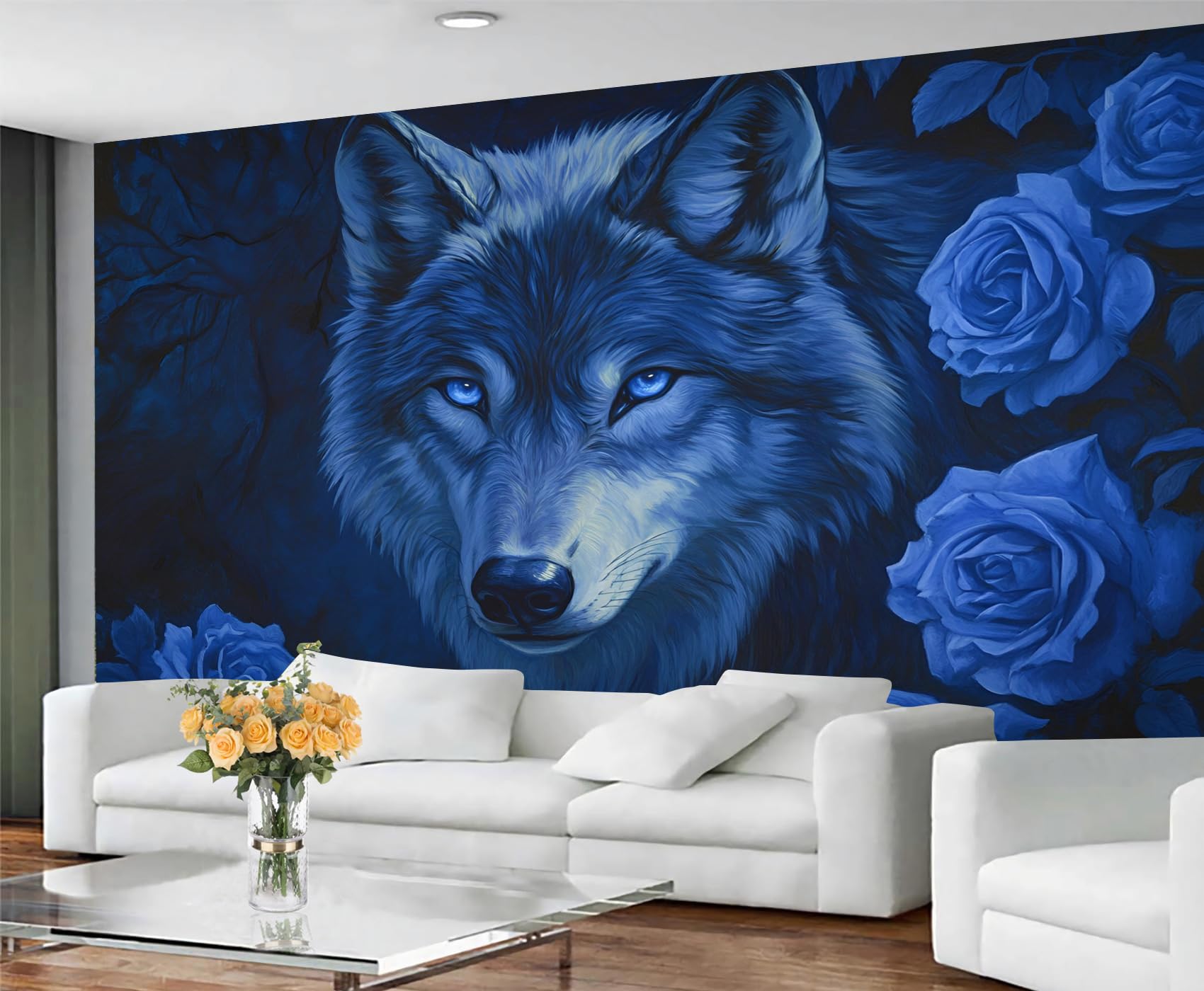 GIVLWF Wallpaper - Wolf Home Decor & Mural, Blue Rose Bedroom Wallpaper, Mystical Wolf Wall Paper for Living Room, Large Wall Mural (Not Self-Adhesive) — image 1