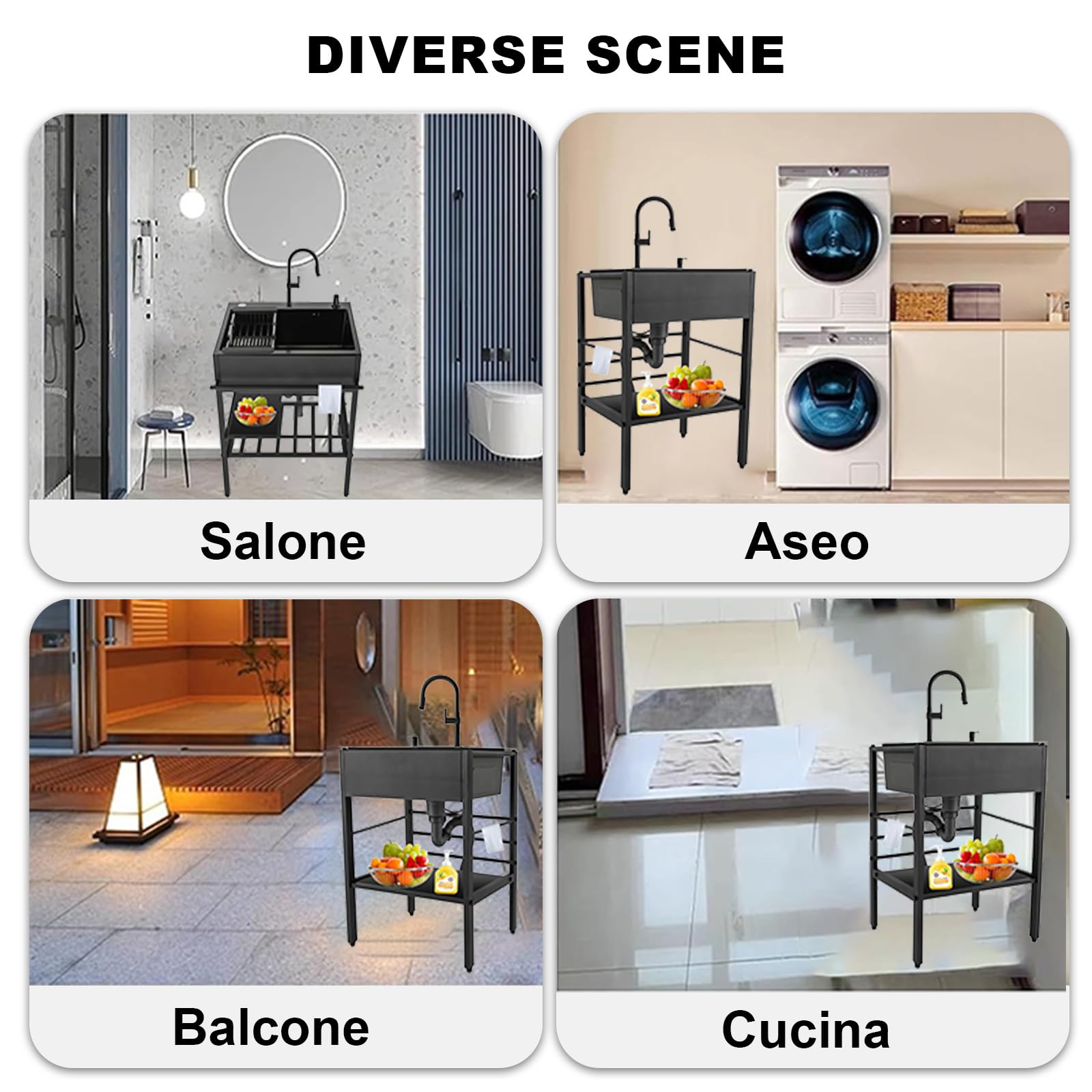 60x45x86cm Lavandino da Esterno, Witriolik Lavello da Esterno Nero con Scolapiatti e Kit di scarico e Rubinetto Alza/Estraibile, Lavello Cucina Professionale per Garage, Ristorante, Cucina, Lavanderia